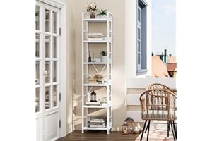 YITAHOME Librería de 6 Niveles, Estantería de Piso con 4 Ganchos, Estante de Madera y Marco de Metal, Estantería Industrial Alta, Almacenamiento para Sala de Estar, Oficina en Casa, Blanco Puro