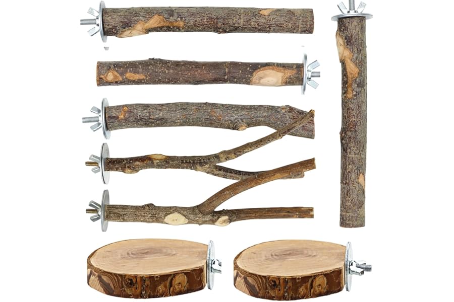 PERSENTU 8 PCS Bird Cage Perches for Budgies, Cockatiel, Cockatoo, Parakeet, Parrot, Macaw, & Small Birds - Natural Wooden Platform Perch Set, Easy Install Cage Accessories