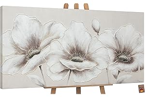 YS-Art Pittura acrilica su tela dipinta a mano Fiori II beige Arte murale arte astratta moderna Immagini Grandi fiori beige 140x70 cm