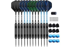 DARTSPACE 12 Pack Steel Tip Darts Set 22 24 Grams, Metal Tip Darts with Premium Black Blue Purple Darts Stem 24 Flights Extra 50 Rubber O-Rings 1 Dart Sharpener for Dart Board