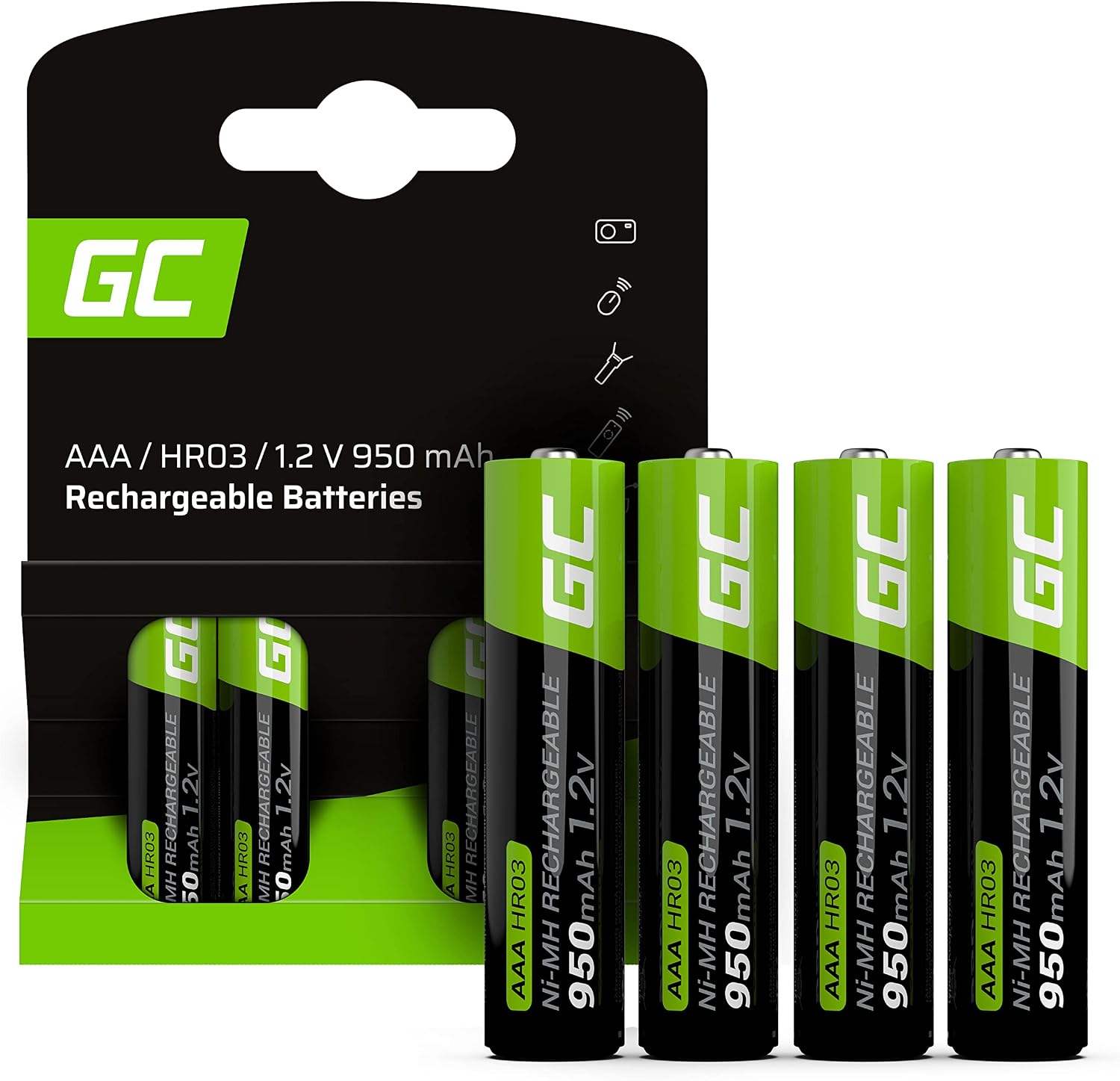 GREEN CELL Baterías Recargables 950mAh 1.2V [Juego de 4 Piezas] Pilas Recargables AAA Ni-MH Baja Autodescarga Precarga Alta Capacidad HR3, Recargable Precargadas
