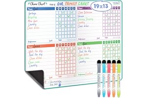 Yes4Quality - Magnetic Dry Erase Chore Chart - 48x33 cm - Behaviour Chart for Multiple Kids - Family Weekly Chores Checklist - Stain Resistant Planner for Fridge with 5 Colourful Markers