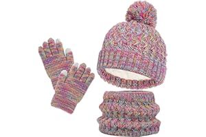 AWAVM - Juego de 3 gorros, bufandas y guantes de invierno de ganchillo grueso y esponjoso para niños de 2 a 8 años, multicolor iridiscente, talla única