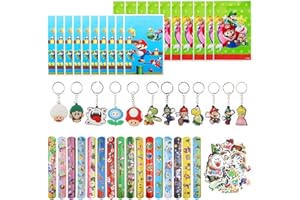 HhBdy 98 Pezzi Ma-rio Regali Festa Compleanno, Kit Compleanno Tema dei Cartoni Animati Includere 12 Portachiavi Bambini 50 Stickers Bambini 16 Braccialetto dei Cartoni Animati 20 Sacchetti Regalo
