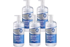 Halo Plus Hand Sanitiser Gel 75% Alcohol 500ml - Anti-Bacterial Hand Hygiene Sanitiser Gel Rub Kills 99.9% Germs Instantly, Fragrance Free Hand Sanitizer Gel in Pump Bottle (5x 500ml Bottles)