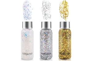 Paillettes Visage, 3 Bouteilles Glitter Body Gel, Paillette Maquillage, Paillettes Corps, Mermaid Sequins Body Glitter, pour Festival Fête Noël Pâques Maquillage Décoration (Blanc/Or/Argent)