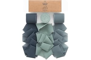 Vitalizart Ruban en Mousseline de Soie Bleu Poussière, Fait Main avec Franges, Total 3,8 cm x 19,2 m, Ruban Effiloché pour Invitations de Mariage, Bouquets de Mariée, Cadeaux Emballages, Bricolage