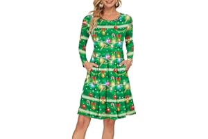 AUSELILY Damska plisowana z długim rękawem, luźna sukienka na co dzień, z kieszeniami, do kolan