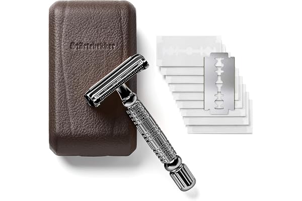 Störtebekker Rasoir de sûreté homme, étui cuir fait main - Set rasage, avec 10 lames de rasoir - Étui voyage et miroir intégré - Rasoir homme manuel - Rasoir homme (Noir - Café)