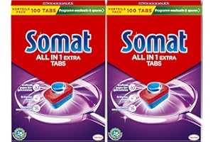 ‎SOMAT SOMAT All in 1 Extra Spülmaschinen Tabs (2 x 100 Tabs), für strahlend sauberes Geschirr auch im Niedrigtemperatur-, Kurz- & Eco-Programm, entfernt Eingekrustetes und sorgt für brillanten Glanz