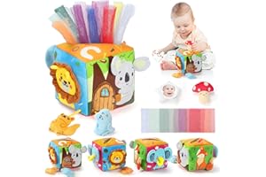 URMYWO Baby Toys 6 to12 Months with 4 Animal Rattle Toys,Baby Mirror,Crinkle Paper,Squeaker,Tissue Box Toys Gifts for Toddlers 0-3 Years Old Yellow