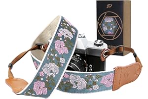 Padwa Lifestyle Kameragurt - 2“ Rindsleder Kopf Kameragurt für Fotografen, Vintage Jacquard Stickerei gewebt Baumwolle verstellbare Schulter Nackenriemen für Kameras, Ferngläser - Blaue Blume