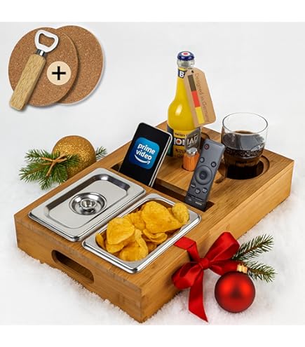 AIVORO Couchbar Snackbox, Couchbar mit Snackschalen aus Edelstahl, Holz Couch Bar für Sofa