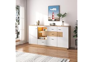 Rtopsu Sideboard Beistellschrank mit LED-Beleuchtung für Küche Wohnzimmer und Esszimmer, Buffetschrank Standschrank Küchenschrank mit 2 Türen und 4 Stauraum Schubladen, 160x40x77 cm, Weiß & Natur