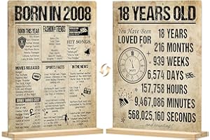 Benjia 18th Birthday Table Sign Decoration, 18 Years Birthday Display Card Gift For Boy Girl, Vintage Born in 2008 UK Poster Table Signs Holder with Stand, Bday Party Supply Decor 20x25 cm