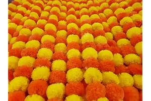 DECORATION CRAFT 5 Pc Marigold Garland 5 Ft Long Strands of Artificial Marigold Flowers, Diwali Decorations Home, Indian Décor for Pooja, Wedding, Spring Bush Floral, Faux Garland, Día de Muertos Décor (Orange+Yellow)
