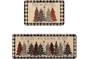 TwinHui Christmas Kitchen Rugs Set of 2, Christmas Rugs for Kitchen, Buffalo Plaid Xmas Tree Merry Christmas Kitchen Mats, Winter Home Decor Low-Profile Kitchen Rugs, 16x24 and 16x47 Inch