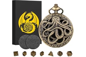 KELLER & WEBER Juego de Dados Mini DND Steampunk Caja de Reloj de Bolsillo de Pulpo Hueco, 7 Piezas de Dados D&D de Metal Poliédrico, Regalos de DND con Caja, Accesorios para Juegos de Mesa, Bronce