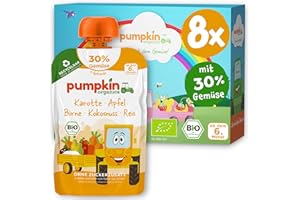 Pumpkin Organics Bio Gemüse-Getreide-Quetschies 8er Pack Karotte, Apfel, Birne, Kokosnuss, Reis ohne Zuckerzusatz¹ - ab dem 6. Monat - als Snack oder Beikost für unterwegs - glutenfrei (8x100g)