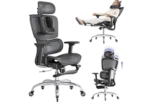 LarkLeaves Ergonomiczne Krzesło Biurowe z Podnóżkiem, 5-Stopniowe Regulowane Oparcie, 2D Podparcie Lędźwiowe, 3D Podłokietniki, Siatka z Poduszką na Szyję i Gumowe Kółka, Odchylenie 145°, Czarne