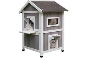HiCaptain Casa per gatti selvatici resistente alle intemperie, rifugio in legno per gatti randagi all'aperto, cuccia gatto esterno grande a 2-4 piani con balcone e porta di fuga