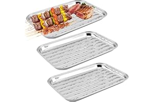 BEHOGAN 3 bandejas para barbacoa de acero inoxidable: 34,9 x 24,5 x 2,7 cm, reutilizables, reutilizables, cesta para verduras, accesorios para verduras, pescado o carne