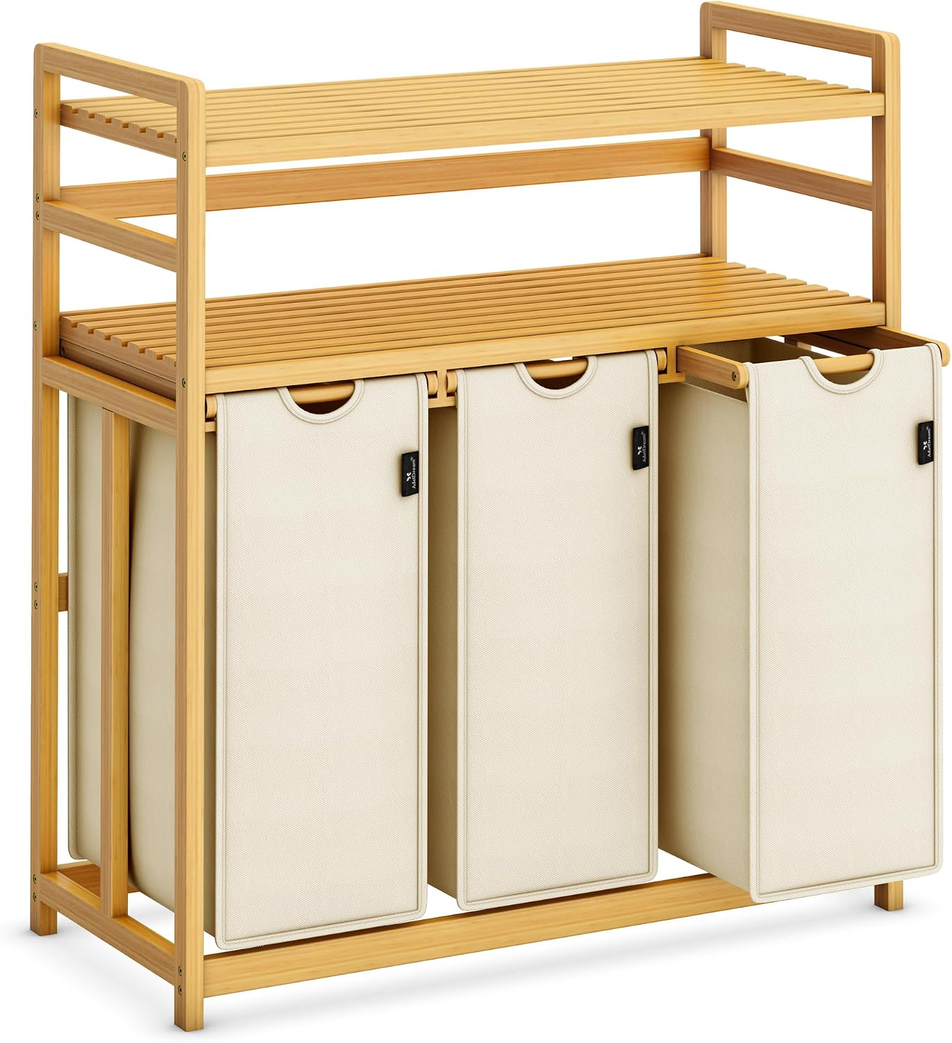AdelDream Cesto para la colada 150 L 3 compartimentos 2 estantes extraíble y extraíble cremefarben