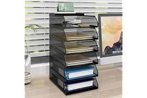 PUNCIA 6 Tiers Office A4 Paper Storage Organizer Letter Tray Desktop White File Holder Mail Letter Rack & Stackable Support Desk Tidy Document Notebooks Storage Rack for Home Office School Black