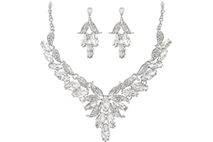 EVER FAITH Juego de Joyas con Diamantes de imitación, Hoja de Cristal, Vid, Boda, Collar y Pendientes Nupciales, Juego para Mujeres y niñas, Tono Plateado Claro