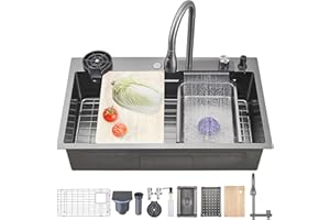 Ribanedy 66 x 50 cm Fregadero de cocina en cascada gris oscuro, fregadero moderno multifuncional de acero inoxidable de una cubeta con grifo rociador abatible y accesorios