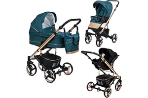 EMJOT Poussette Combinée Trio 3 en 1 Neri Edition Exclusive RoseGold Vert Jade – Landau, poussette promenade, siège auto "i-Size" Groupe 0+ - Livrée avec ses accessoires.