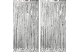 BELSVOR 2 PCS Argent Rideau Frange, Argent Rideau Métallique de Frange,1M x 2M Rideau Frange Anniversaire, Rideau Métallique de Frange Brillant pour Décoration Anniversaire/Fête/Mariage/Noël