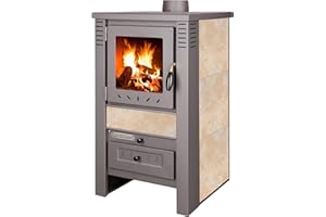 ProTermo Nova G Beige Kaminofen mit Schamottsteinen - 7,5 kW Heizleistung - 82x48x48cm Kaminofen Holzofen mit Sichtfenster, Bauart 1