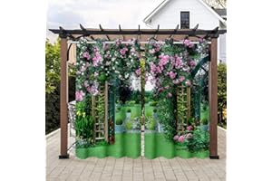 Hiseng Outdoor Vorhang Wasserdicht, Wetterfest Outdoor Pergola Vorhang Blickdicht 2 Stück Outdoorvorhänge Wetterfest Sichtschutz Sonnenschutz Balkon Pavillon, 3D-Landschaft (Blume,200x213cm)