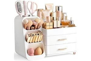 HBlife Makeup Kosmetik Organizer mit Schubladen, Pinsel Organizer, 3-in-1 Plastic Kosmetik Aufbewahrungsbox, Schmink Aufbewahrungskasten Große Lagerung Weiß