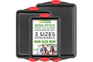 NutriChef 3-Piece Nonstick Kitchen Oven Baking Pans - Premium & Stylish Non-Stick Steel, Commercial Grade Restaurant Quality Metal Bakeware with Red Silicone Handles - Easy to Clean