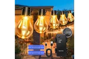 aurogeek Outdoor String Lights Battery Operated Rechargeable 5000mAh: 9m/30ft LED with 12 A60 Plastic Bulb Hanging Festoon Light Remote Waterproof USB for Garden Decorative Cafe Patio Pergola Indoor