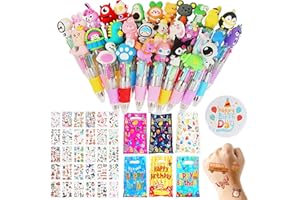 GUDOTRA Set 90 Piezas Regalos Cumpleaños Niños Colegio 30 Bolígrafos de 4 Colores 30 Bolsas cumpleaños infantil 30 Hojas Tatuajes Temporales Niños y 1 Broche de Feliz Cumpleaños