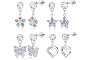 KALVICA 4 Paia Kids Orecchini per Ragazze Donna Acciaio Chirurgico Orecchini Pendenti Bambina Anallergici Orecchini con Chiusura a Vite Cuori Multicolore Farfalla Stella Fiore Orecchini