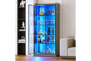 Gurexl 65" Display Cabinet with Acrylic Door, LED Bookcase with Human Sensor 3-Color Lights, 5-Tier Curio Storage Cabinet with Adjustable Shelf for Collectibles,Bedroom,Living Room,Office,Gray