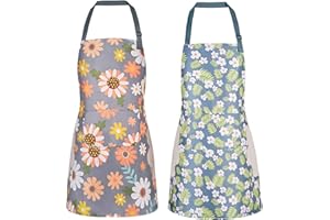 DILLMAN 2 Pack Floral Aprons with Pocket Blooming Womens Waterproof Adjustable Cooking Aprons Kitchen Gardening Salon