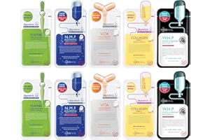 MEDIHEAL Beste 5 Typen Kombi-Masken 10er Pack – N.M.F, Teebaum, W.H.P, Kollagen, Vita Lightbeam – Value Variety Pack – Feuchtigkeitsspendende Gesichtsmaske für die Tagespflege – Korean Skincare
