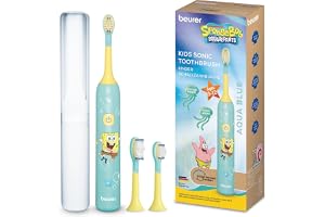 Beurer SC 11 Aqua Blue SvampBob elektrisk tandborste för barn, mycket tyst | 2 ersättningshuvuden från 3 och från 6 år, sonisk tandborste för barn med fingerurgröpningar, liten och lätt, tandborstfodral