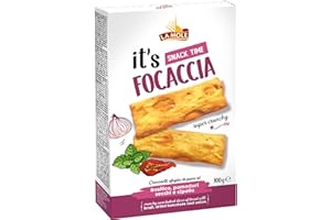 La Mole Basil, Dried Tomato & Onion Focaccia, Oven Baked Bread Slices. Best Served with Meats, Soft Cheeses & Olives or Partnered with Dips and Soups, 100g Bag