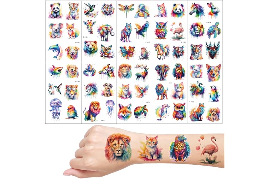 Animals Temporary Tattoos, 10 Sheets Watercolour Animal for Girls Boys Body Arm Shoulder, Kids Tattoos Party Bag, Birthday Party Small Gift