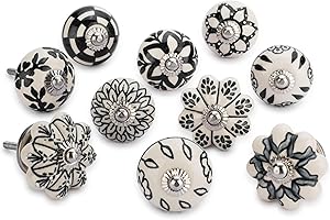 Ajuny Juego de 30 Pomos de Cerámica Vintage Blanco y Negro, Pintados a Mano – Diseños Calabaza y Redondo – Tiradores Decorativos para Armarios, Cajones y Puertas de Cocina y Baño