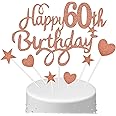 Boao 60th Birthday Cake Topper Set Happy 60th Birthday Cake Topper with Star Heart, Cake Decorations for Ladies Women Birthday Party Cake Supplies (Rose Gold)