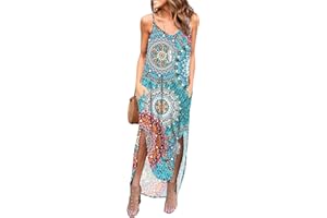 AUSELILY Maxikleid Damen Sommer Strandkleid Lang V-Ausschnitt Trägerkleid Damen Sommer Freizeitkleider Lang mit Schlitz Einstellbar Spaghettiträger Kleid Maxi Sexy mit Taschen