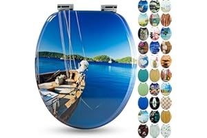 Sanfino® Premium Abattant WC en bois avec frein de chute, qualité supérieure, nombreux motifs colorés, confortable, installation facile, notice de montage incluse – „Boat"