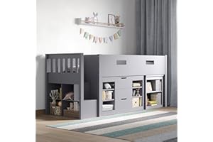 Flair Furnishings - Kids Mid Sleeper Bed with Storage and Desk, Cabin Bed, Heavy Duty and Sturdy, Cosy, Stylish, Space Saving Design (Grey)